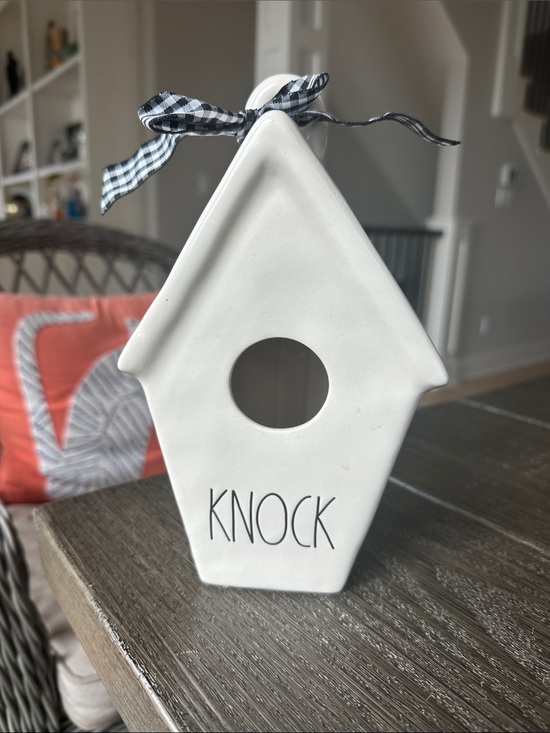 Rae Dunn Other - Rae Dunn White Ceramic 'Knock' Birdhouse Decor with Gingham Ribbon